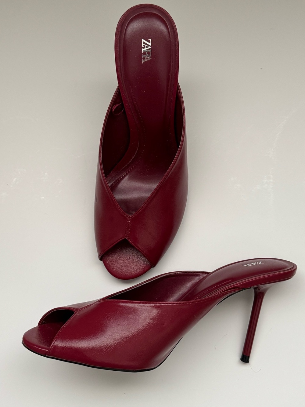 ZARA Wine Red Peep-Toe Slip-On Mules - Picture 2 of 2